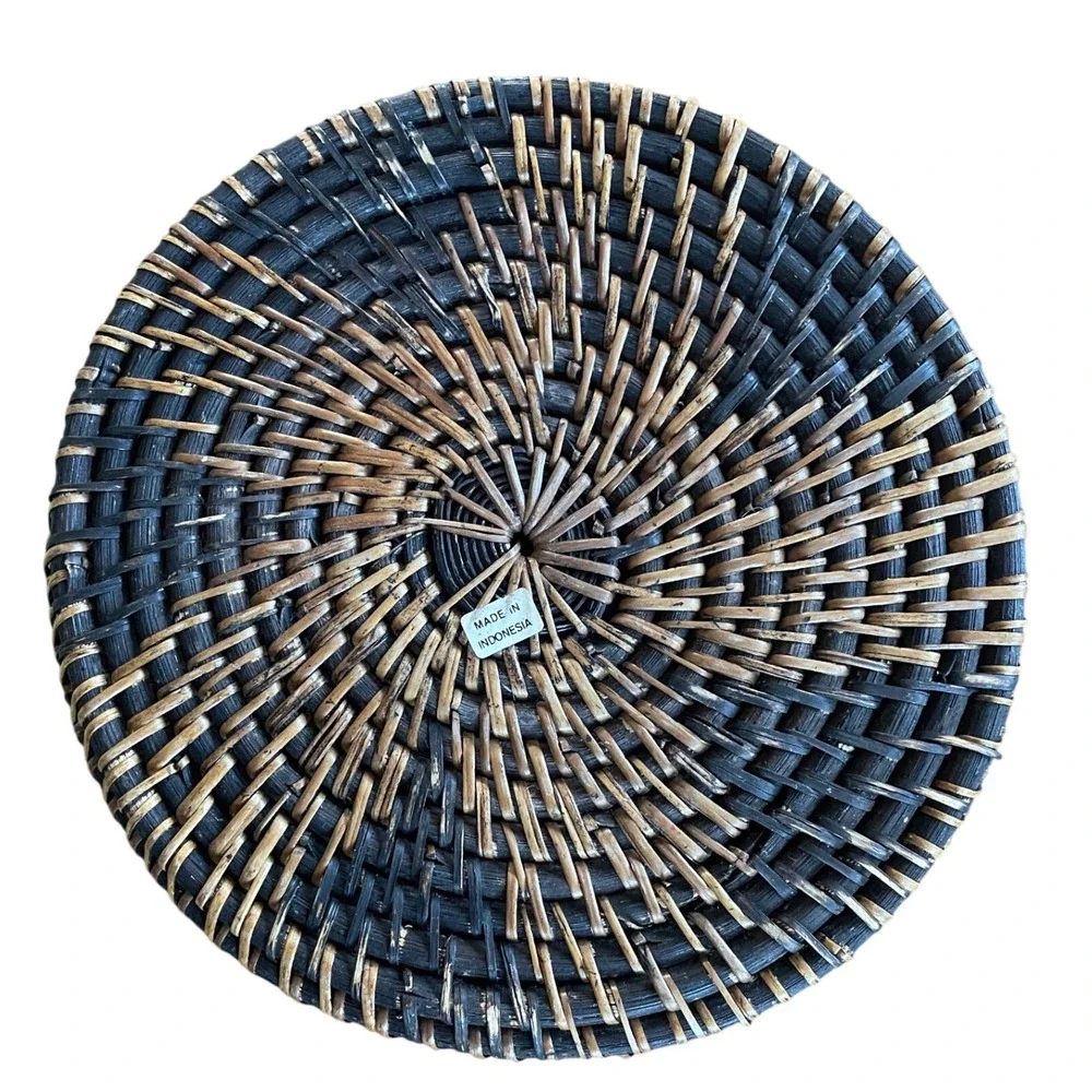 Handwoven Rattan‎ Basket Two Tone Black Natural Geometric Boho Decor Indonesia